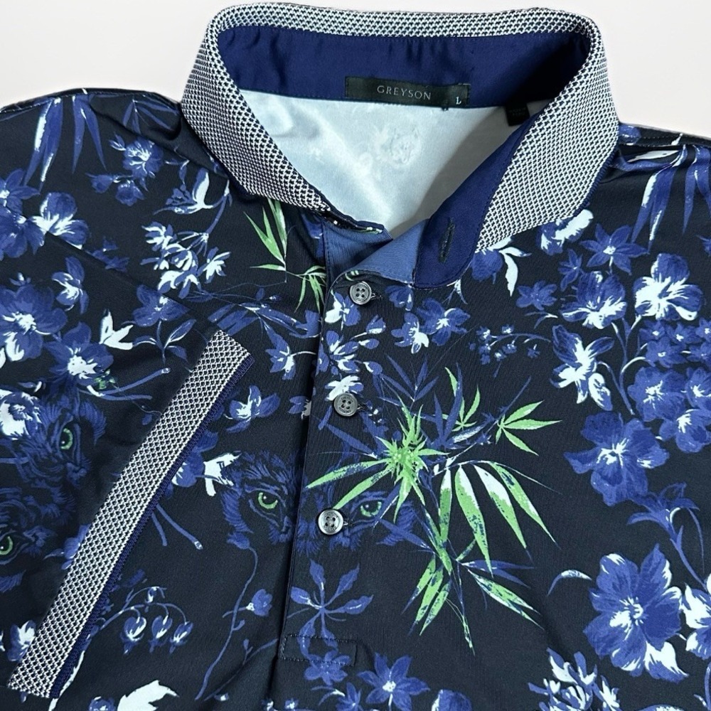 Greyson Dark Floral Golf Polo Mens Large Maltese Blue Black Wolf Eyes AOP - Picture 2 of 10